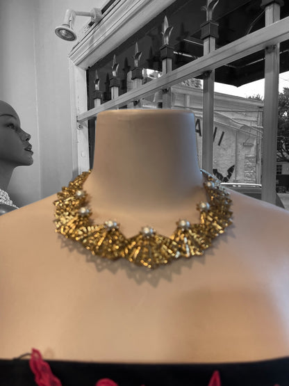 Oscar De La Renta Gold Crystal Pearl Necklace