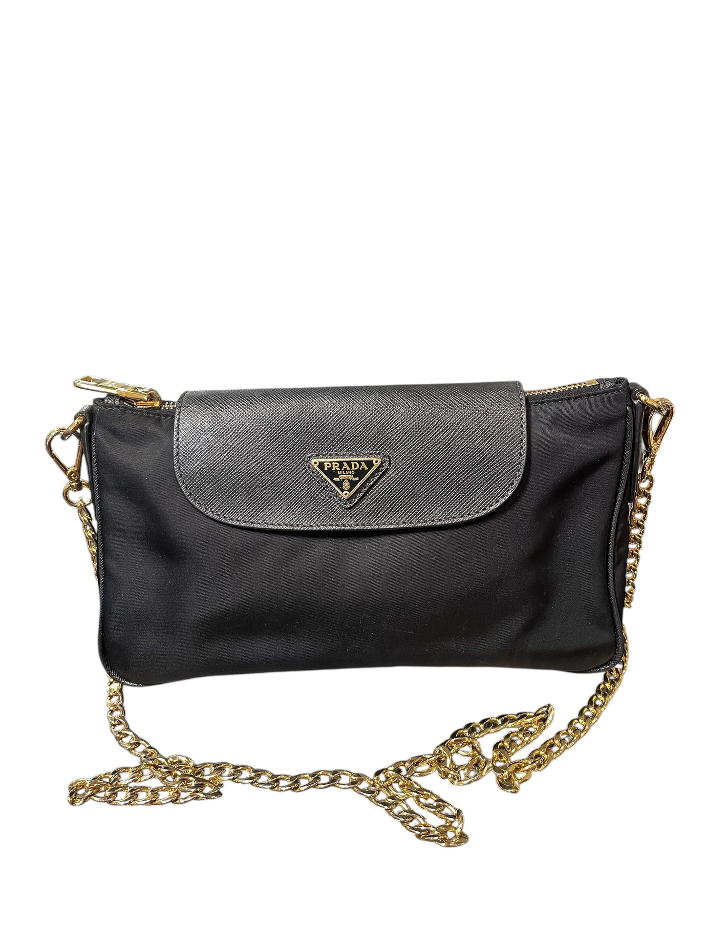 Prada Black Nylon/Leather Gold Chain Handbag