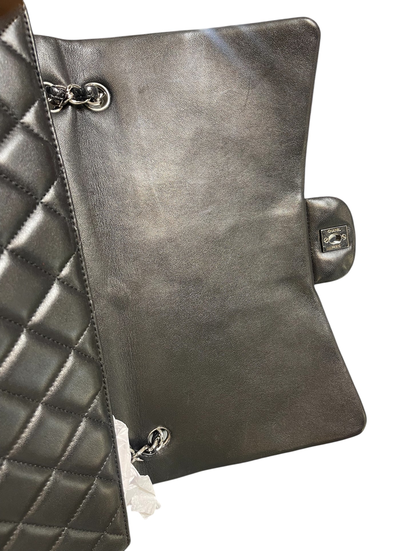 Chanel Black Calfskin Quilted Single Flap Maxi Classic Handbag.