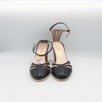 Chanel Navy Leather Straps & Wooden Heel Size 36