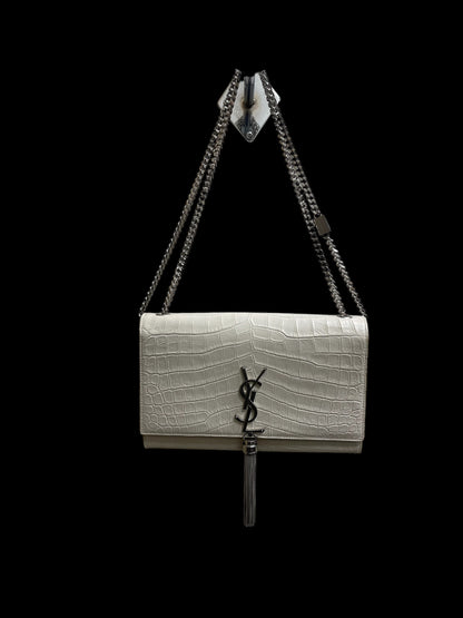 Saint Laurent White Croc Embossed Chain Link Handbag