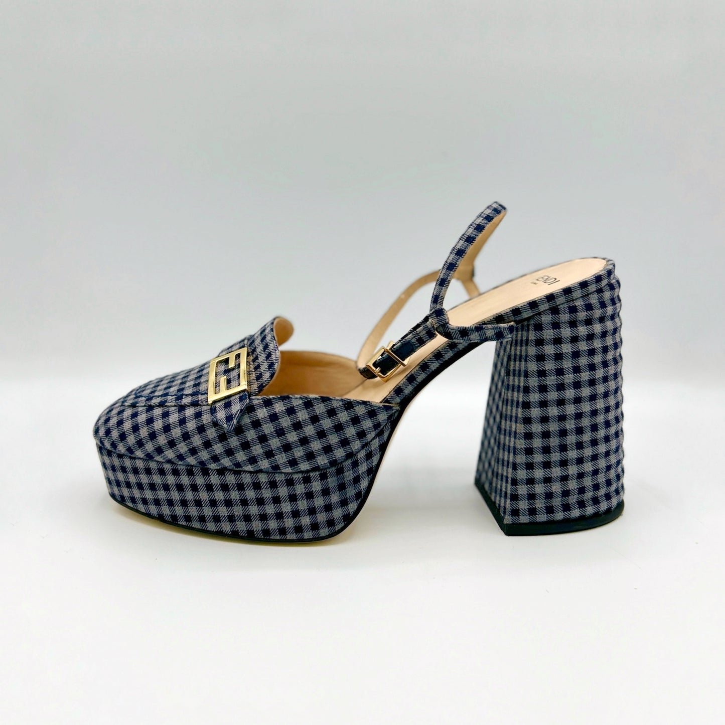 Fendi Promenade Blue Gingham Platform Block Heels Size 40.5