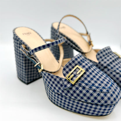 Fendi Promenade Blue Gingham Platform Block Heels Size 40.5