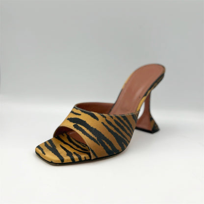 Amina Muaddi Lupita Mules Satin Tiger Print Heels Size 36.5