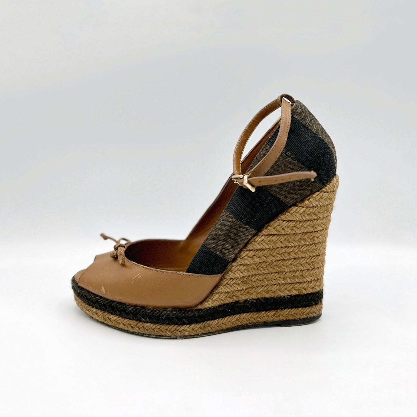 Fendi Espadrille Brown Leather & Canvas Wedged Open Toe Heels Size 38