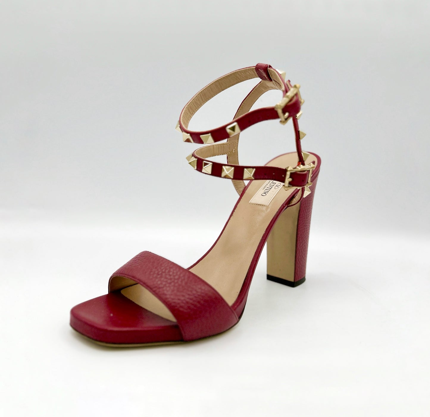 Valentino Burgundy Gold Studded Ankle Strap Heels Size 39