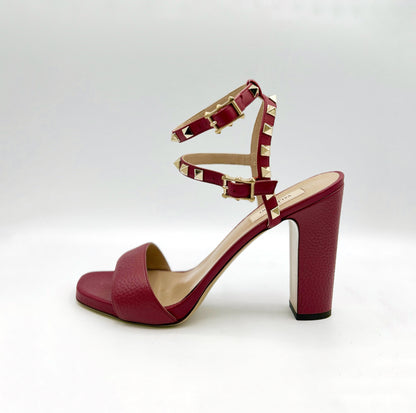 Valentino Burgundy Gold Studded Ankle Strap Heels Size 39