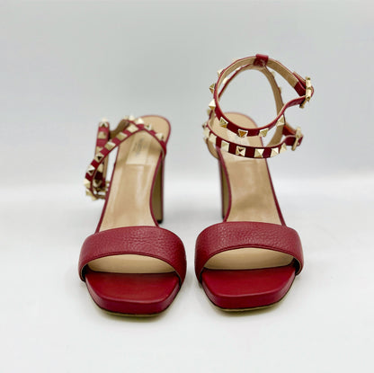 Valentino Burgundy Gold Studded Ankle Strap Heels Size 39