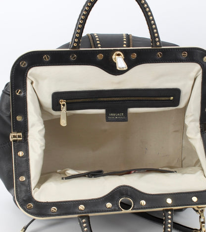 Versace Reve Black Leather Gold Studded Satchel Handbag