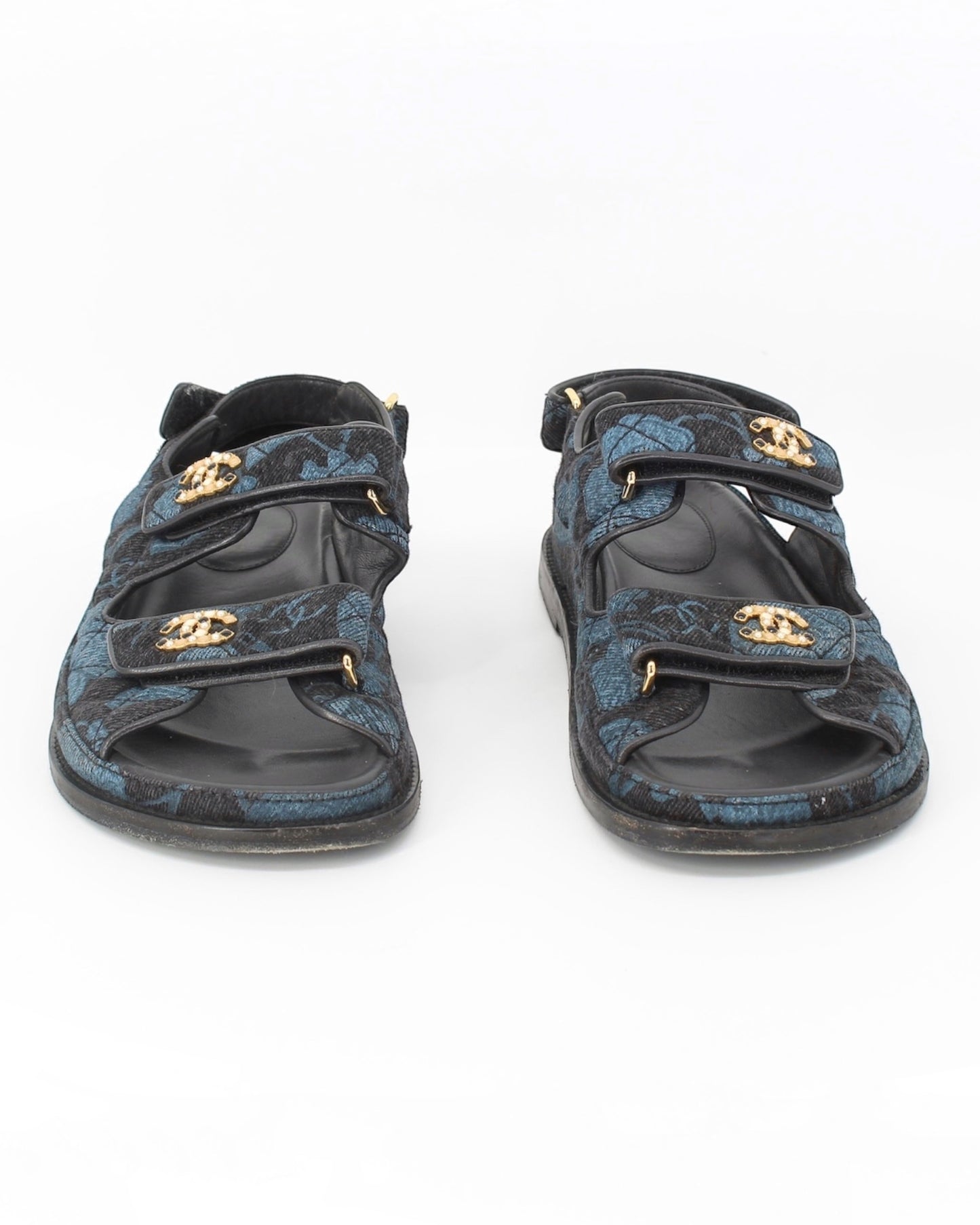 Chanel CC Dad Slingback Sandal Black & Blue Denim Size 38.5