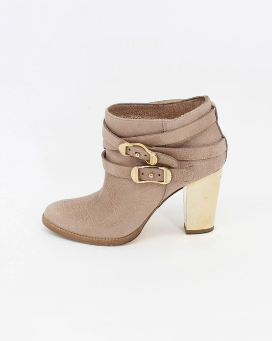 Jimmy Choo Taupe Gold Buckle Heel Ankle Boot Size 37.5