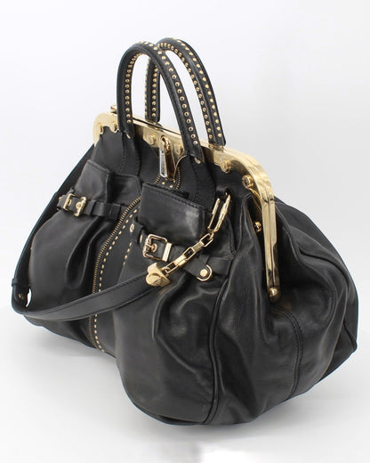 Versace Reve Black Leather Gold Studded Satchel Handbag