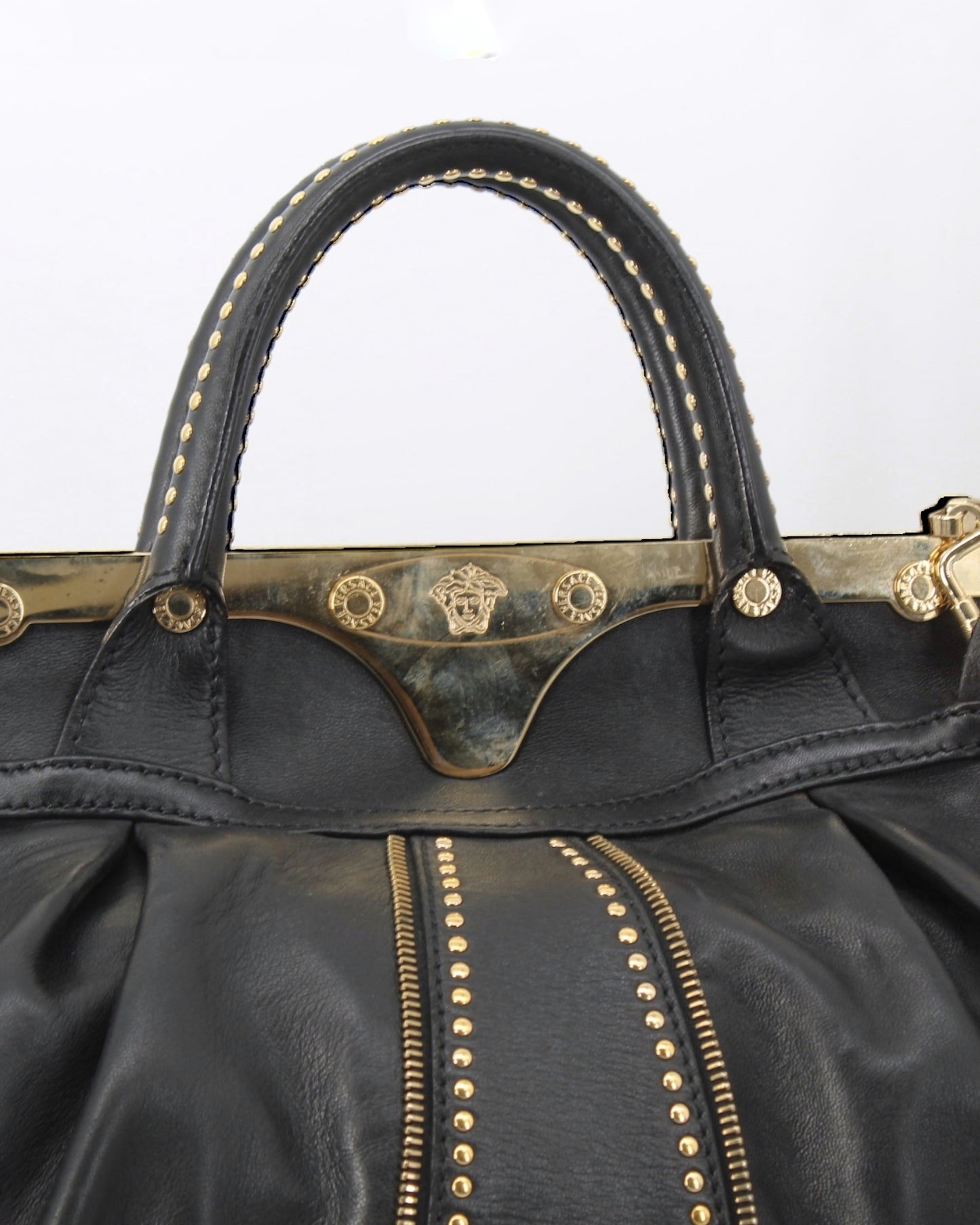 Versace Reve Black Leather Gold Studded Satchel Handbag