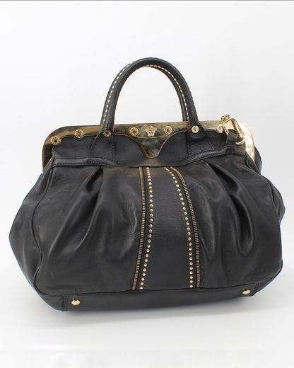 Versace Reve Black Leather Gold Studded Satchel Handbag