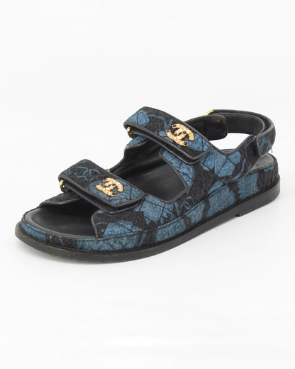 Chanel CC Dad Slingback Sandal Black & Blue Denim Size 38.5