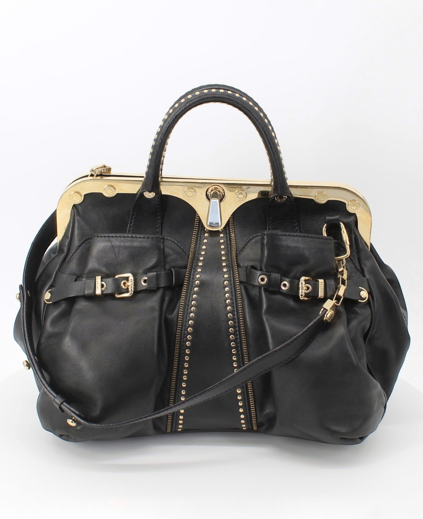 Versace Reve Black Leather Gold Studded Satchel Handbag