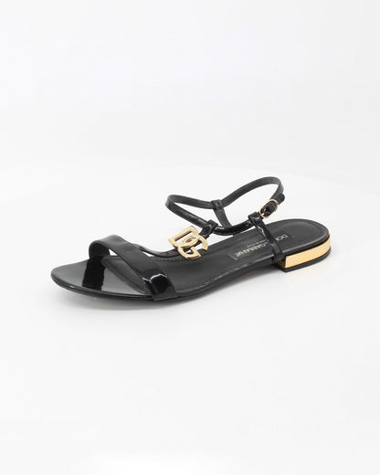 Dolce & Gabbana Black Polished Calfskin DG Plaque Sandals Size 41