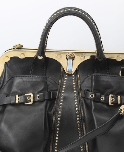 Versace Reve Black Leather Gold Studded Satchel Handbag