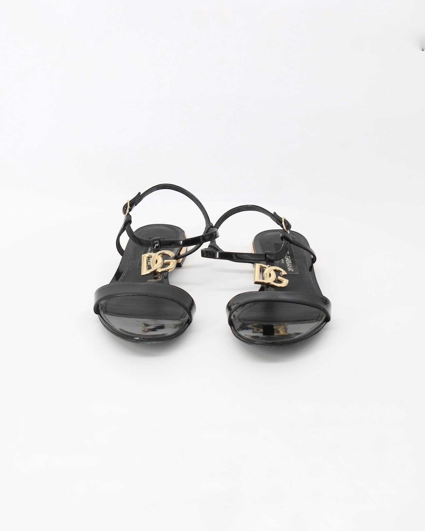 Dolce & Gabbana Black Polished Calfskin DG Plaque Sandals Size 41