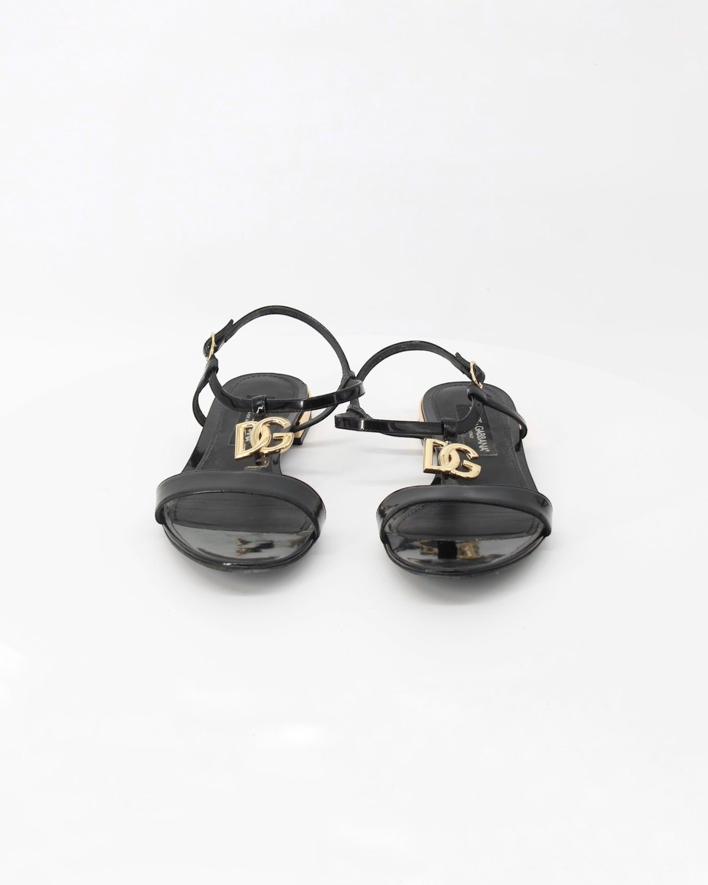 Dolce & Gabbana Black Polished Calfskin DG Plaque Sandals Size 41