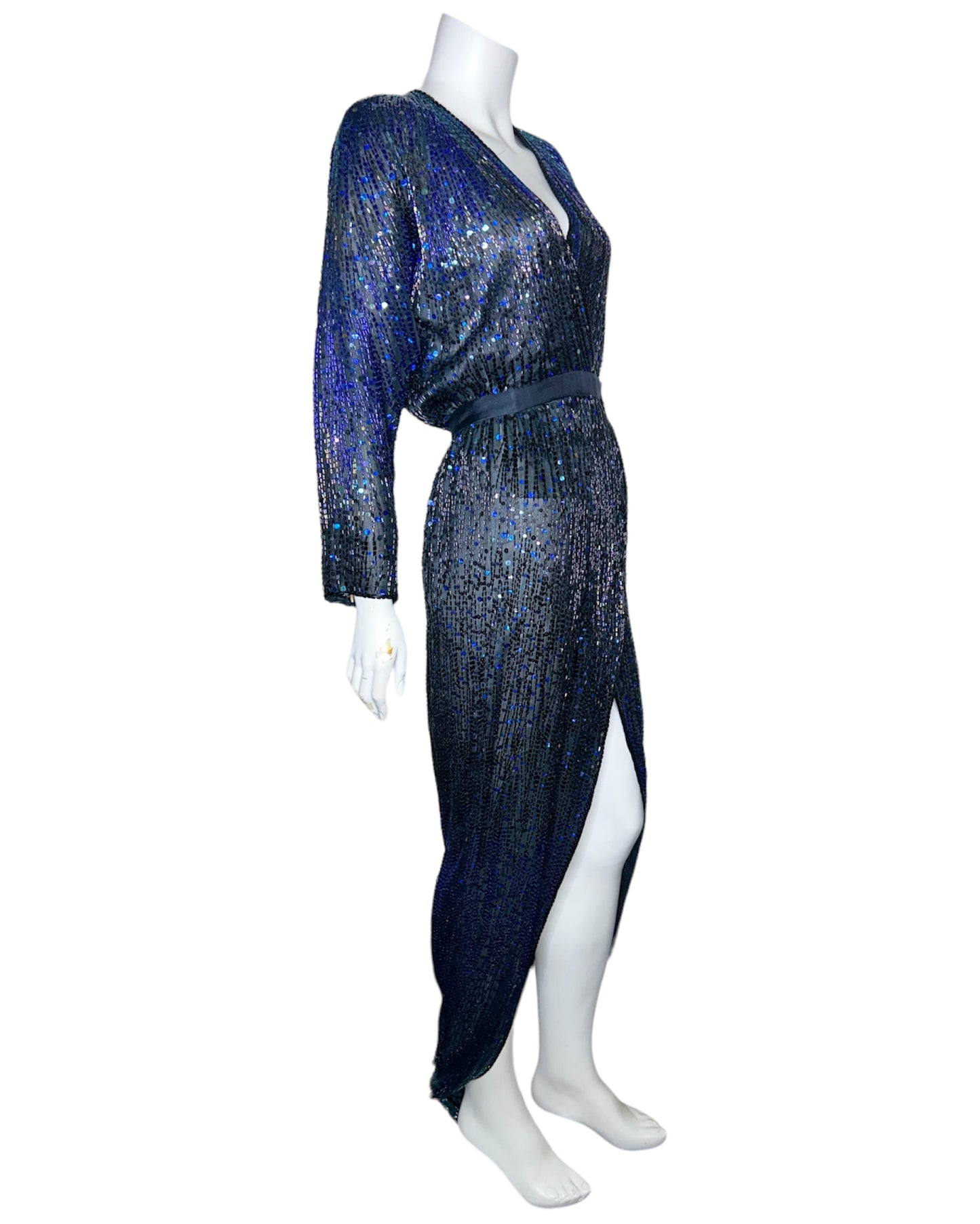 Vintage Halston Navy Blue Sequined V-Neck Wrap Maxi Size 8