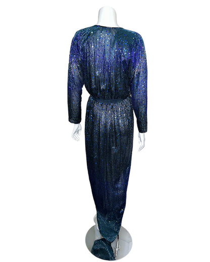 Vintage Halston Navy Blue Sequined V-Neck Wrap Maxi Size 8