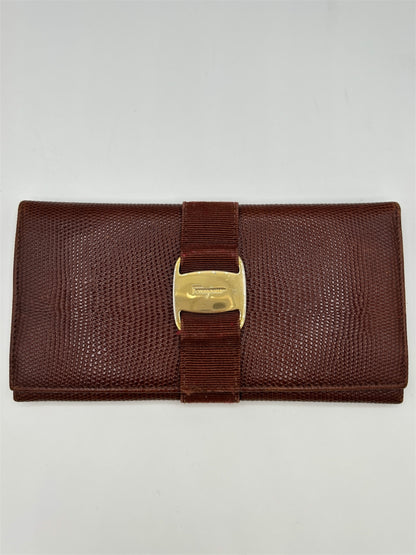 Salvatore Ferragamo Burgundy Lizard Embossed Leather Vara Bow Continental Wallet