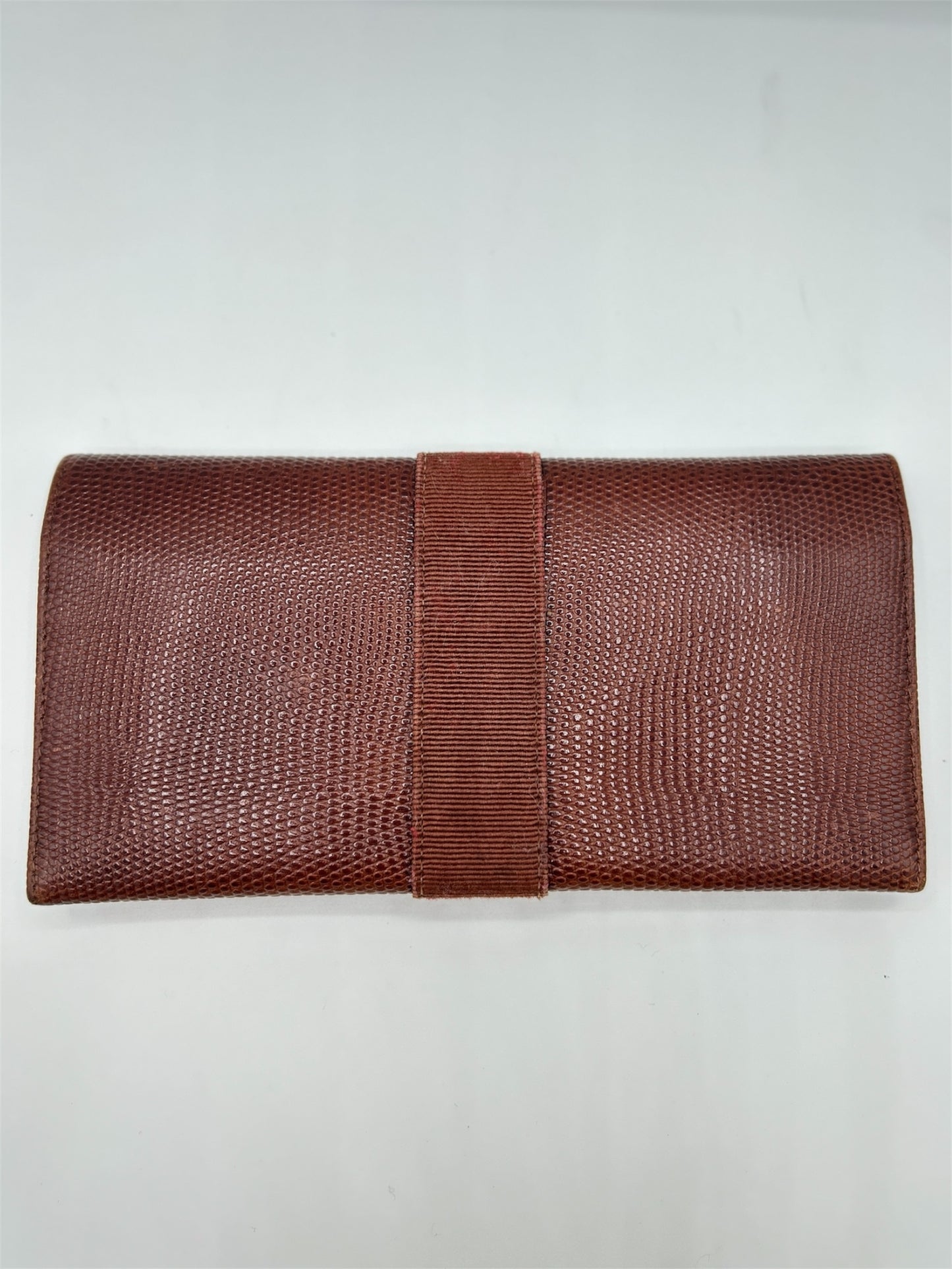 Salvatore Ferragamo Burgundy Lizard Embossed Leather Vara Bow Continental Wallet