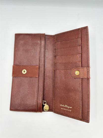 Salvatore Ferragamo Burgundy Lizard Embossed Leather Vara Bow Continental Wallet