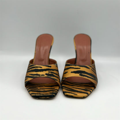 Amina Muaddi Lupita Mules Satin Tiger Print Heels Size 36.5