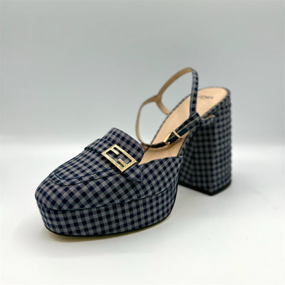 Fendi Promenade Blue Gingham Platform Block Heels Size 40.5