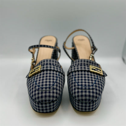 Fendi Promenade Blue Gingham Platform Block Heels Size 40.5