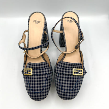 Fendi Promenade Blue Gingham Platform Block Heels Size 40.5