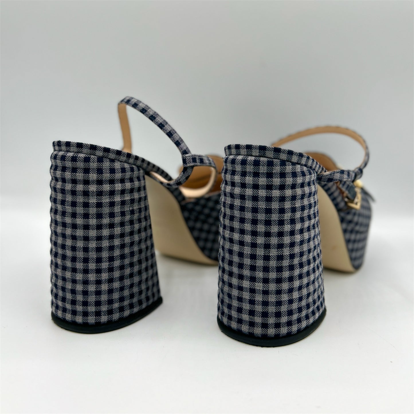 Fendi Promenade Blue Gingham Platform Block Heels Size 40.5