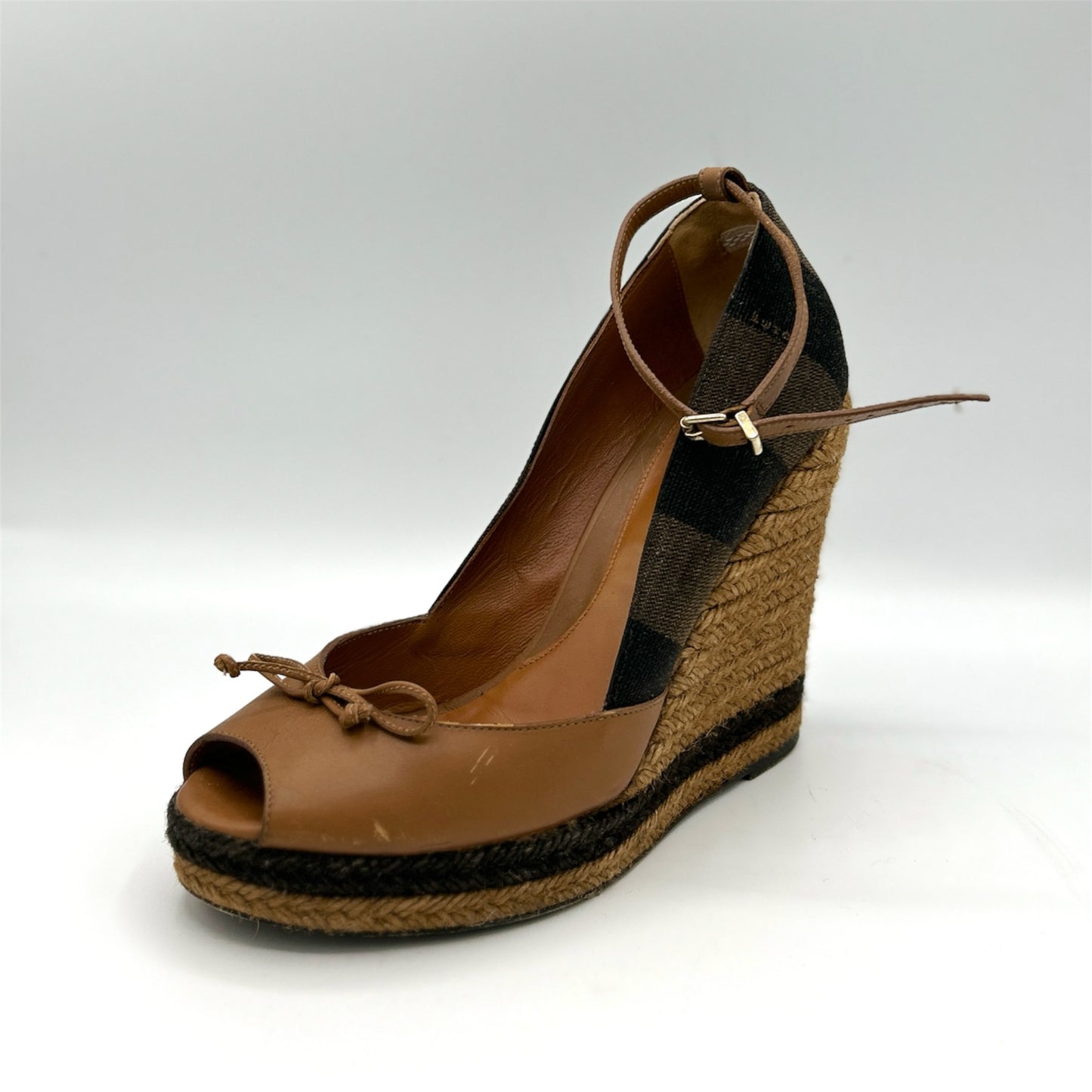 Fendi Espadrille Brown Leather & Canvas Wedged Open Toe Heels Size 38