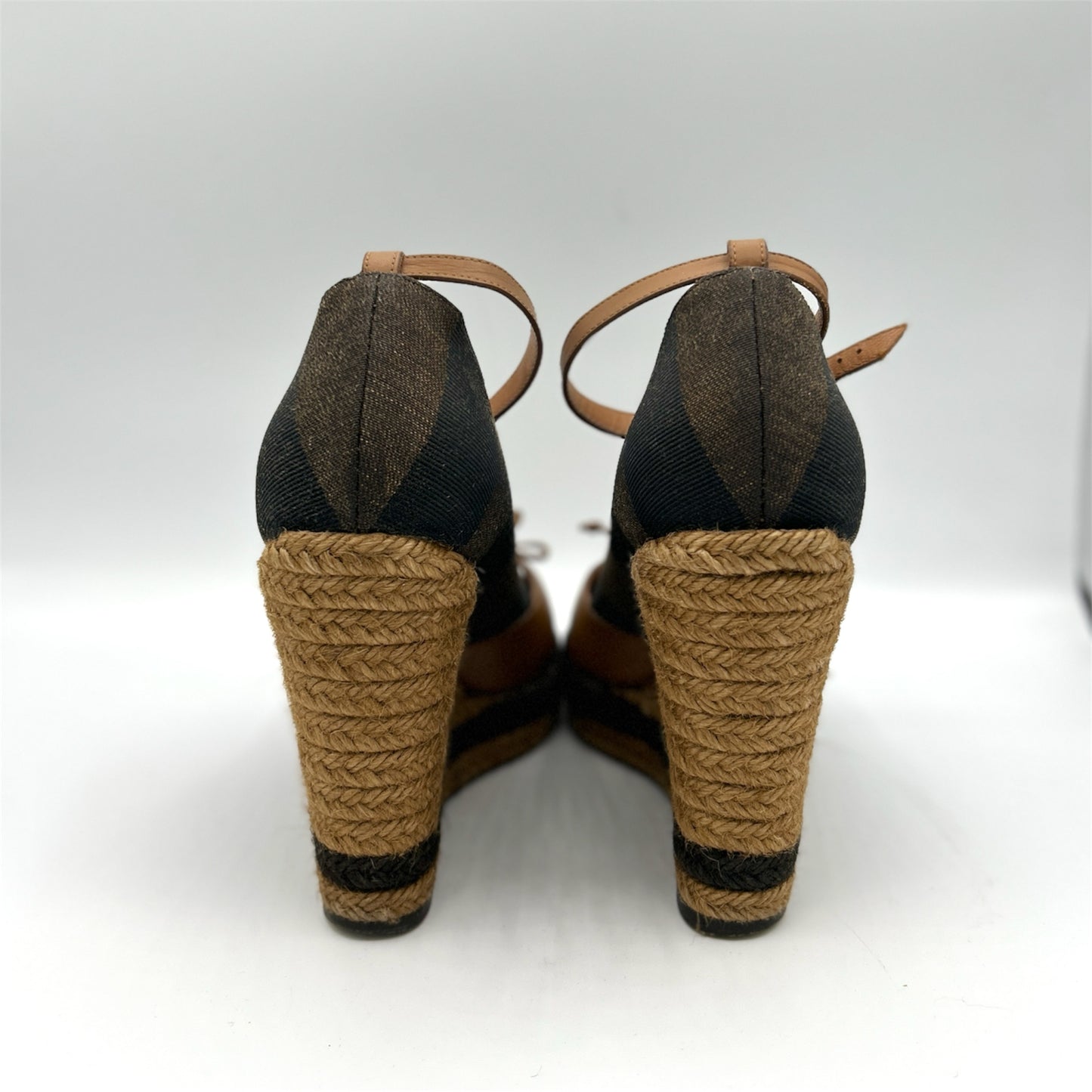 Fendi Espadrille Brown Leather & Canvas Wedged Open Toe Heels Size 38