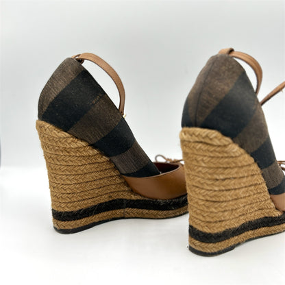 Fendi Espadrille Brown Leather & Canvas Wedged Open Toe Heels Size 38