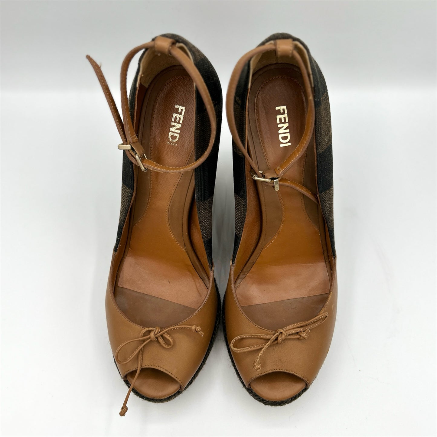 Fendi Espadrille Brown Leather & Canvas Wedged Open Toe Heels Size 38