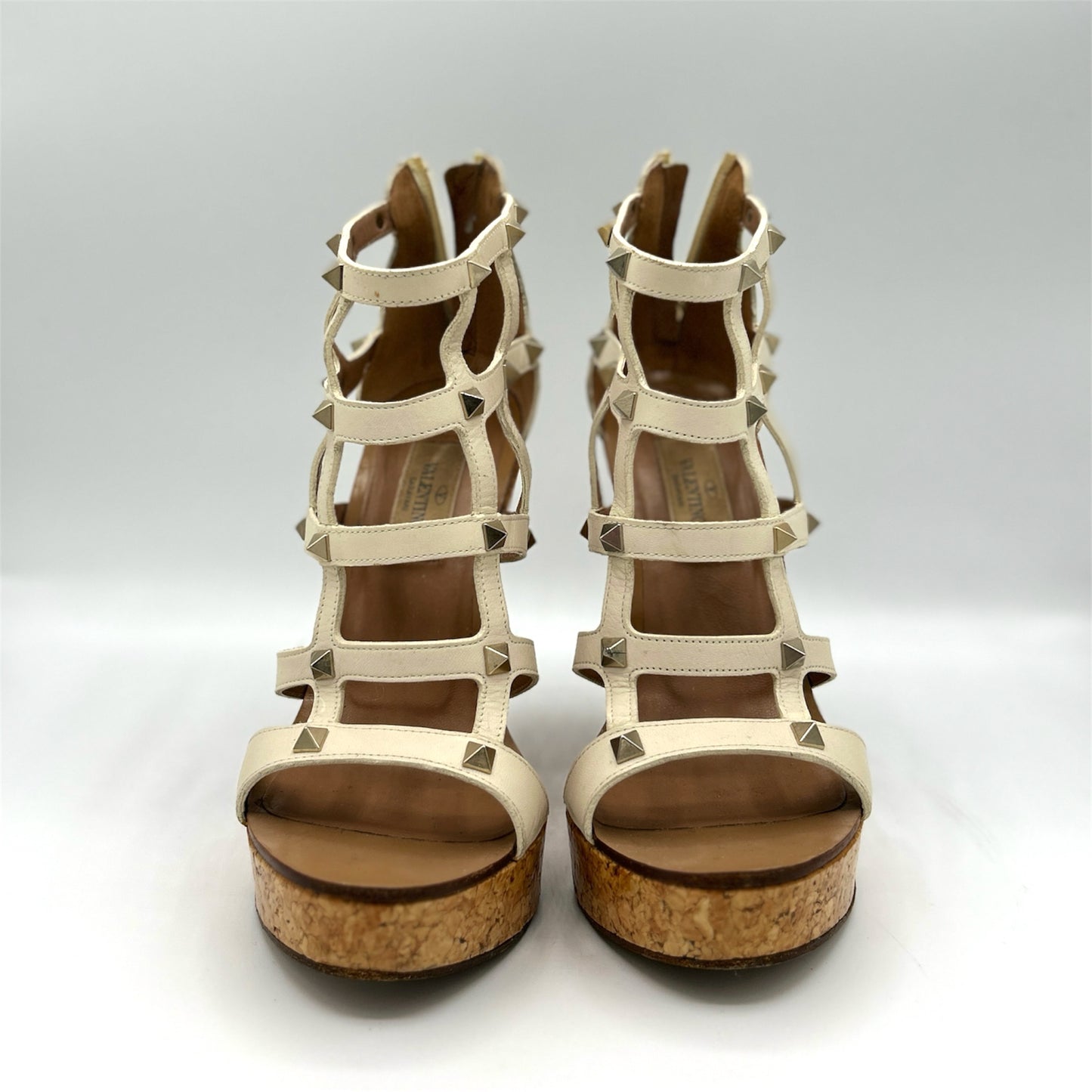 Valentino White Gladiator Studded Cork Wedge Heels Size 36