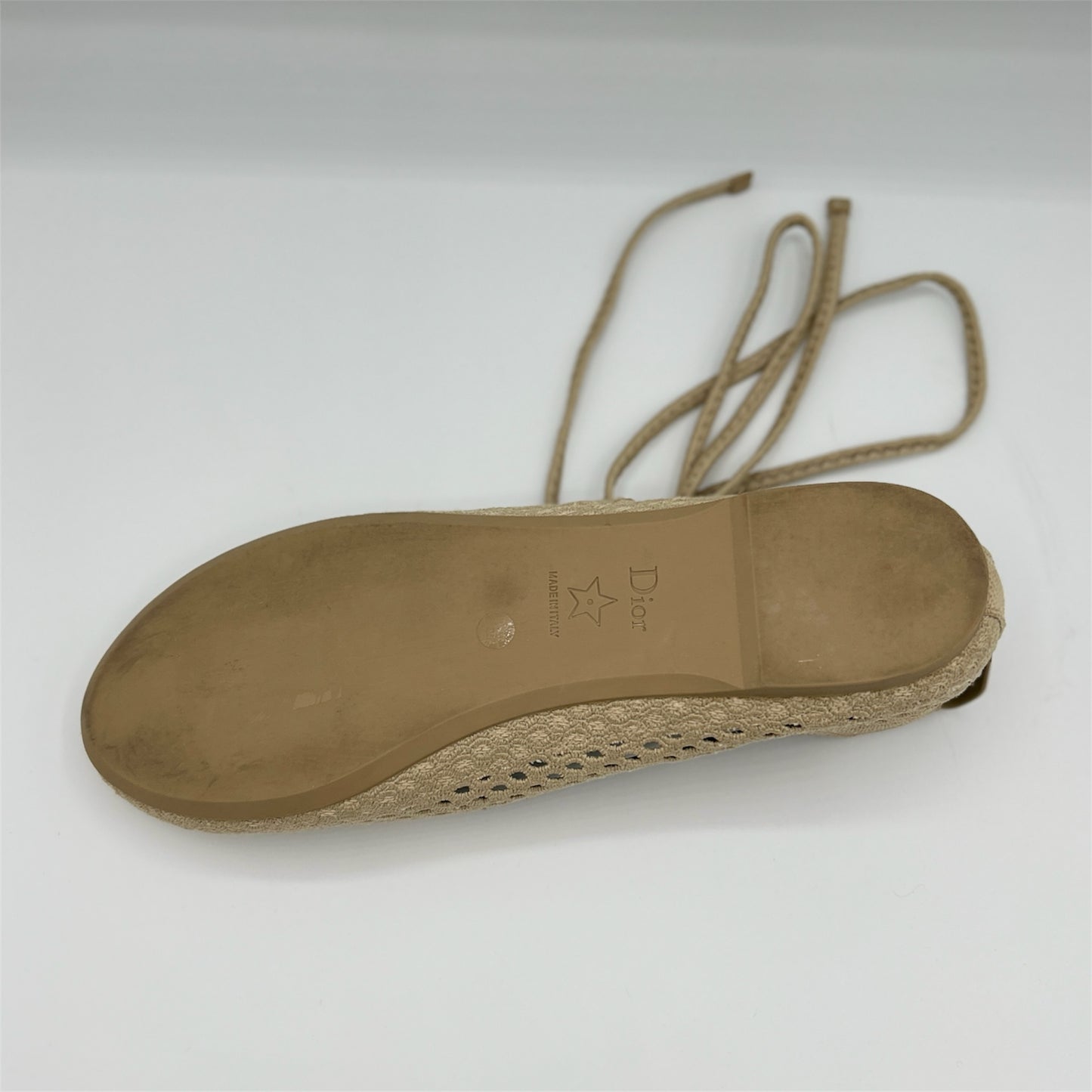 Dior Poeme Beige Cloth Woven Embroidered Ballet Lace Up Flats Size 6