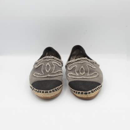 Chanel Cap toe Black Grey Canvas Espadrilles Size 38