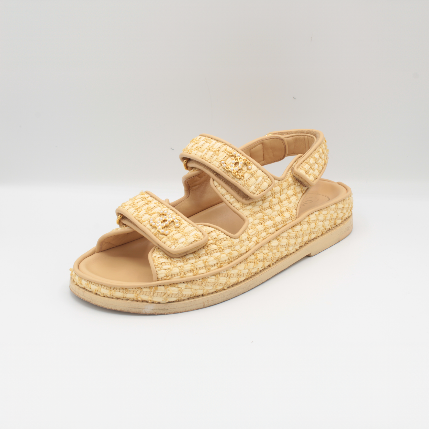 Chanel Beige Raffia Pearl Cc Logo Strap Flat Sandal Size 39