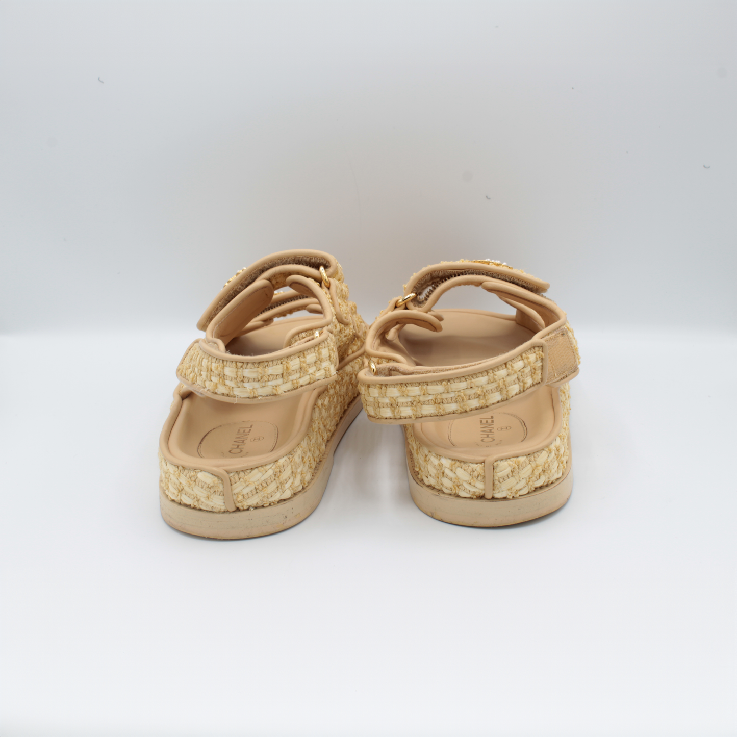 Chanel Beige Raffia Pearl Cc Logo Strap Flat Sandal Size 39