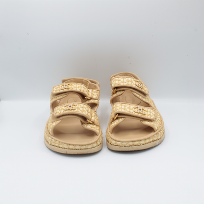 Chanel Beige Raffia Pearl Cc Logo Strap Flat Sandal Size 39