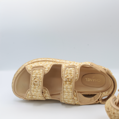 Chanel Beige Raffia Pearl Cc Logo Strap Flat Sandal Size 39