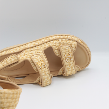 Chanel Beige Raffia Pearl Cc Logo Strap Flat Sandal Size 39