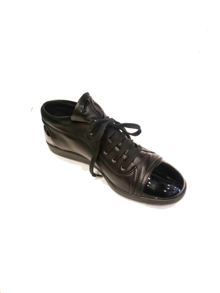 Chanel Black Leather Patent Sneakers Size 38.5 | Couture Blowout