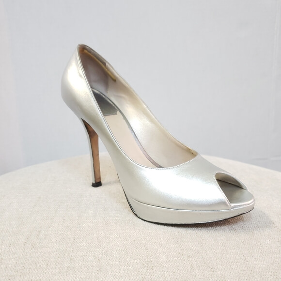 christian dior silver peep toe heels | Couture Blowout